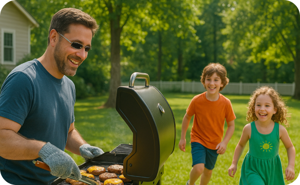 Image of a father barbequing while his children run towards him smiling.