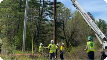 crew working on replacing a pole in front of a forested area